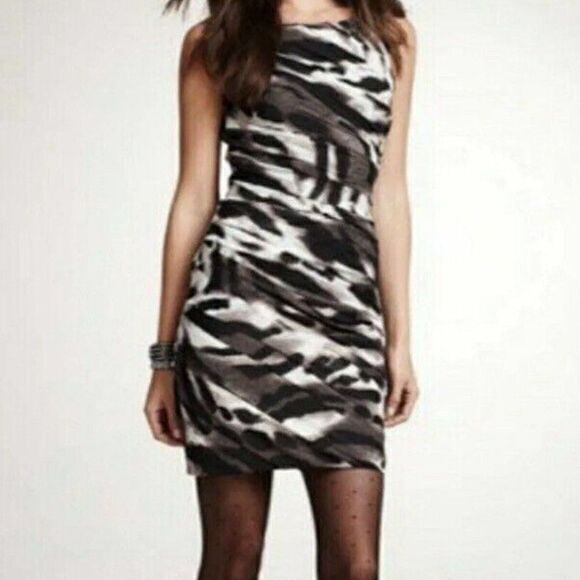 Ann Taylor Spotted Cheetah Print Ruched Draped Sheath Dress Size 6 Black Lined - Picture 1 of 9